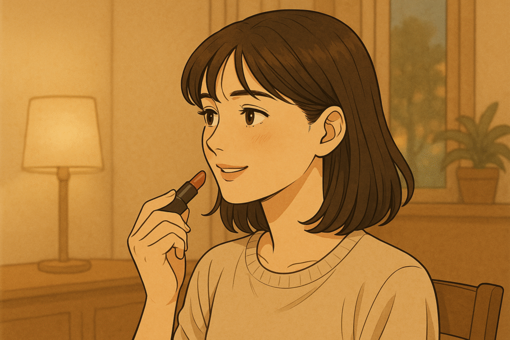 久しぶりのデートに向けてリップを塗る既婚女性の横顔。