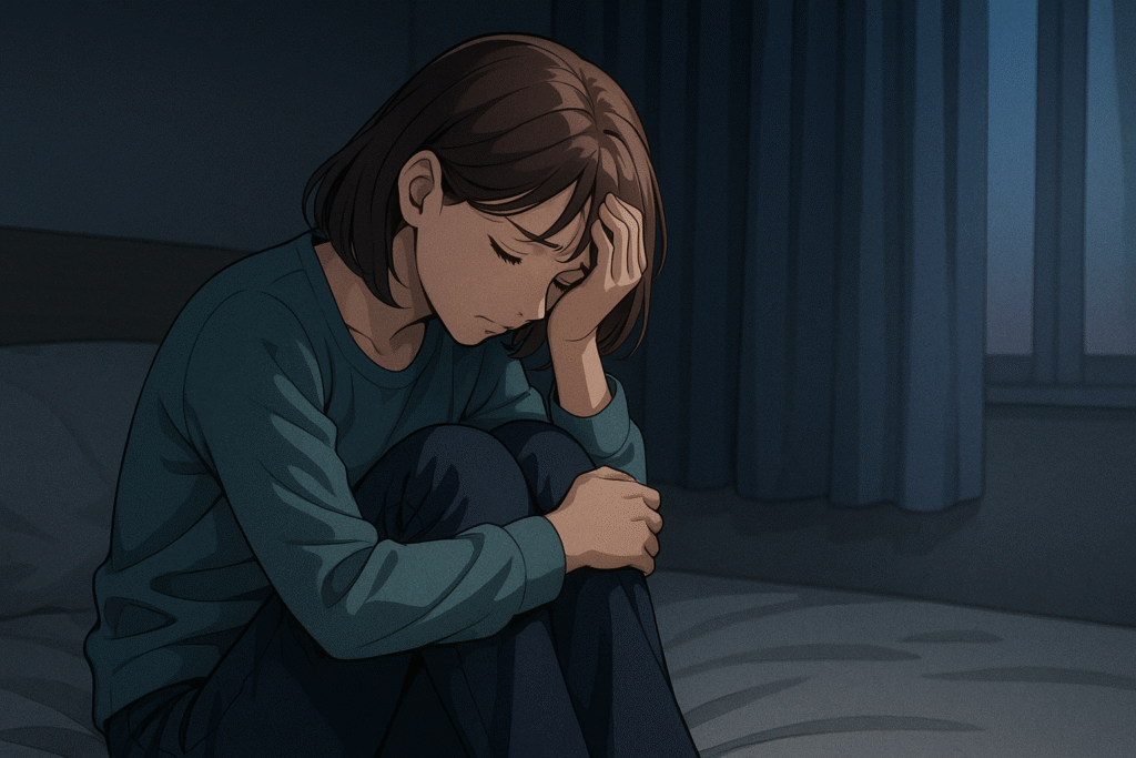 ベッドで膝を抱えて落ち込む既婚女性。