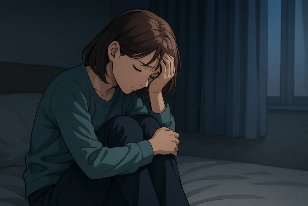 ベッドで膝を抱えて落ち込む既婚女性。