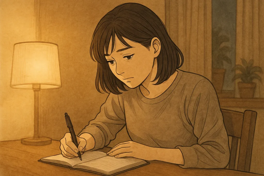 静かな部屋でノートに心の内を書き綴る既婚女性。