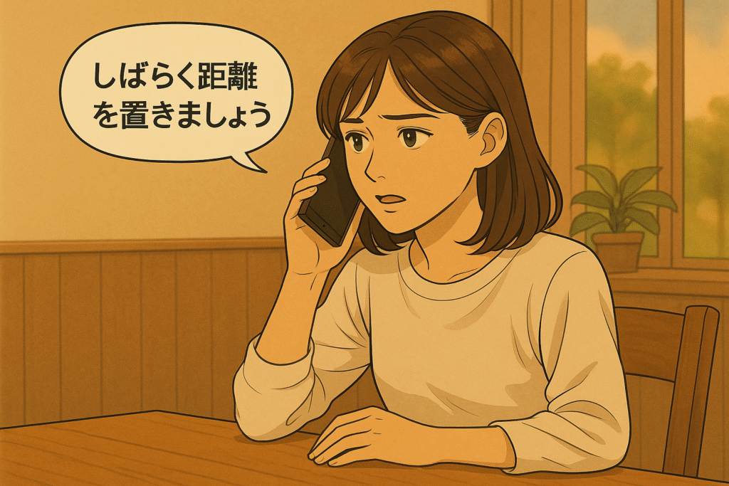 電話で恋人に「しばらく距離を置きましょう」と伝える既婚女性。