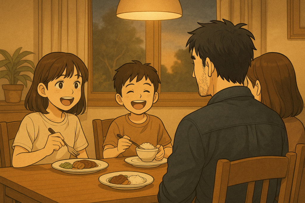 子どもたちの笑顔を見つめながら家族と食卓を囲む既婚女性。