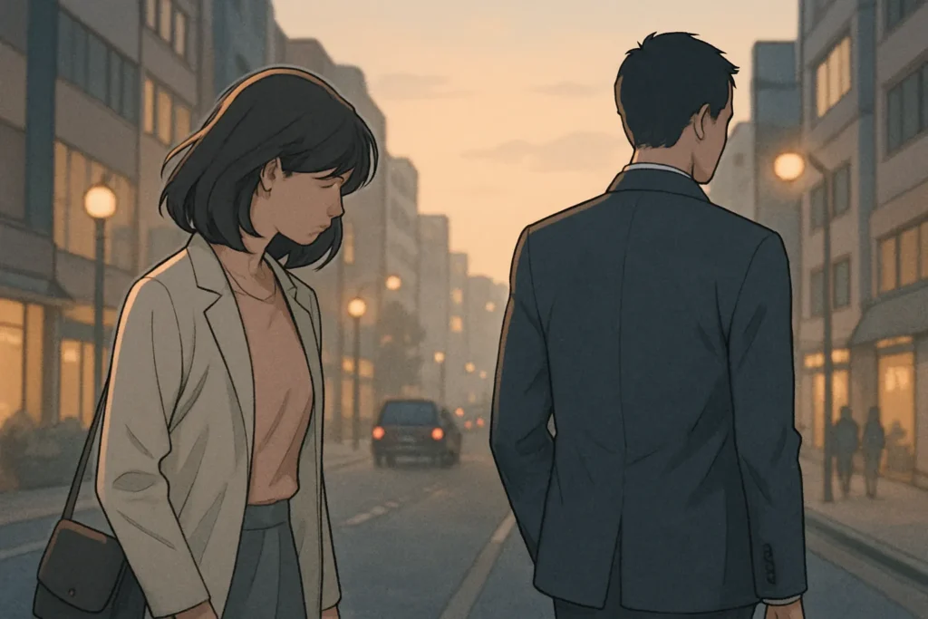 夕暮れの街を歩く男女。二人の関係は急速に深まっていく。
