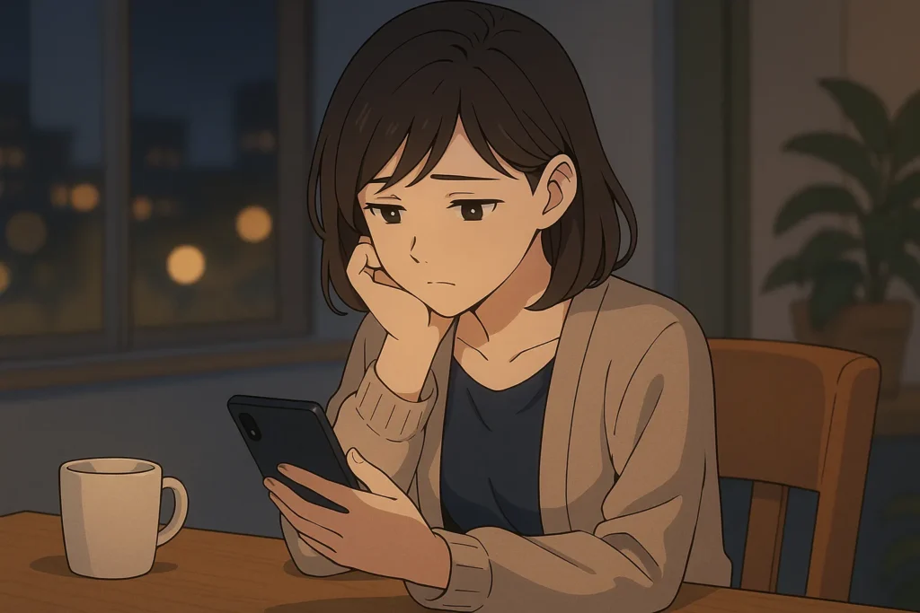 夜の部屋でスマートフォンを見つめる女性。彼からの連絡を待ちながら、心は揺れ続けている。