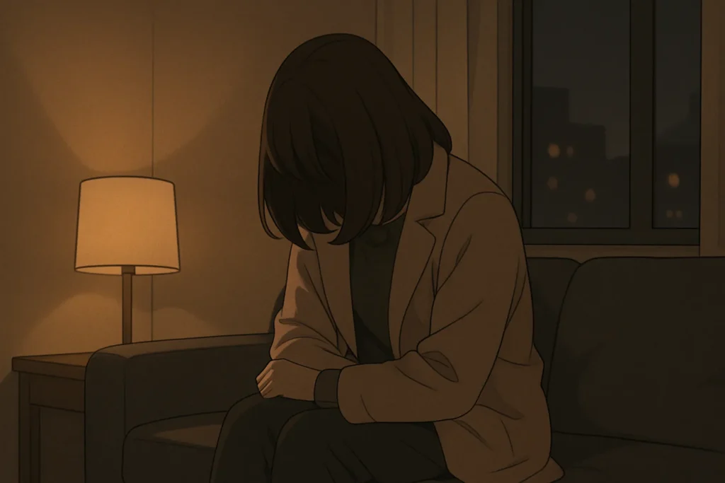 薄暗い部屋で、うなだれる女性。彼への思いと背徳感の狭間で、激しく迷い続ける。