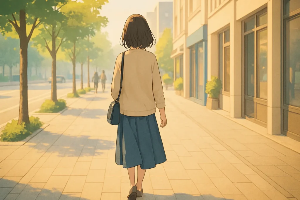 朝の街を一人で歩く女性。柔らかな光の中で、今はまだ弱々しい足取りながら、新しい一歩を踏み出そうとしている。