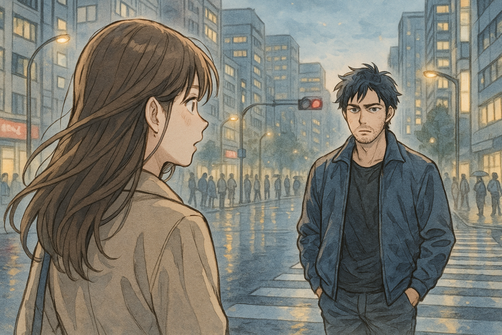 街を歩く女性の前に、険しい表情の男性が現れる。初対面なのに、どこか懐かしさを感じるスピリチュアルな出会いの瞬間。