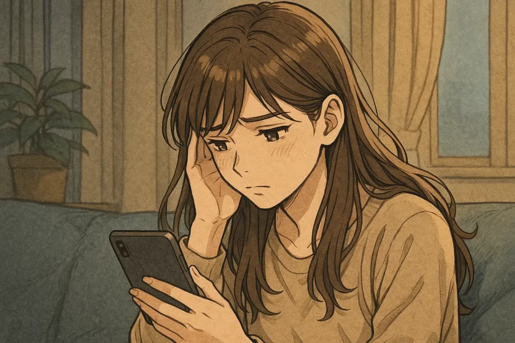 夜の部屋で、女性がスマホの画面を見つめながら、彼からのメッセージに心を揺らしている。光に照らされる横顔に迷いがにじむ。