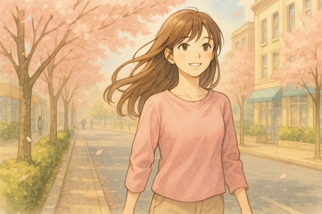 ピンクの服を着た女性が街を歩く。晴れやかな空の下、過去を手放し、前を向いて歩き出すスピリチュアルな再生の瞬間。