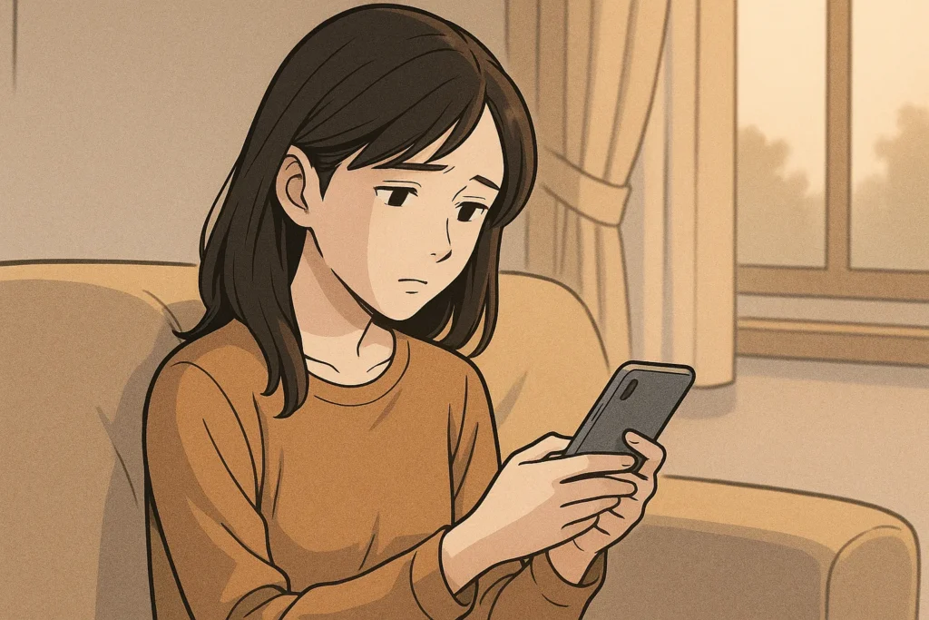 自宅でスマホを見つめながら、再会した彼からの連絡を待つ女性。窓から差し込む淡い光の中、期待と不安が入り交じる。