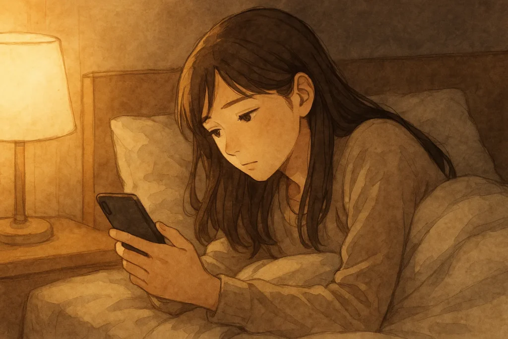 ベッドの上でスマホを見つめる女性。時間が過ぎても届かないメッセージを待ちながら、切なさと諦めの狭間で揺れている。
