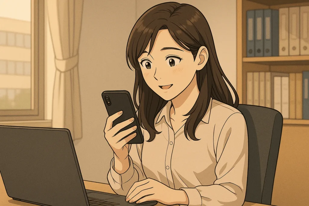 オフィスでの仕事中、思いがけず届いた彼からのメッセージを見つめる女性。その顔には安堵の微笑みが広がる。