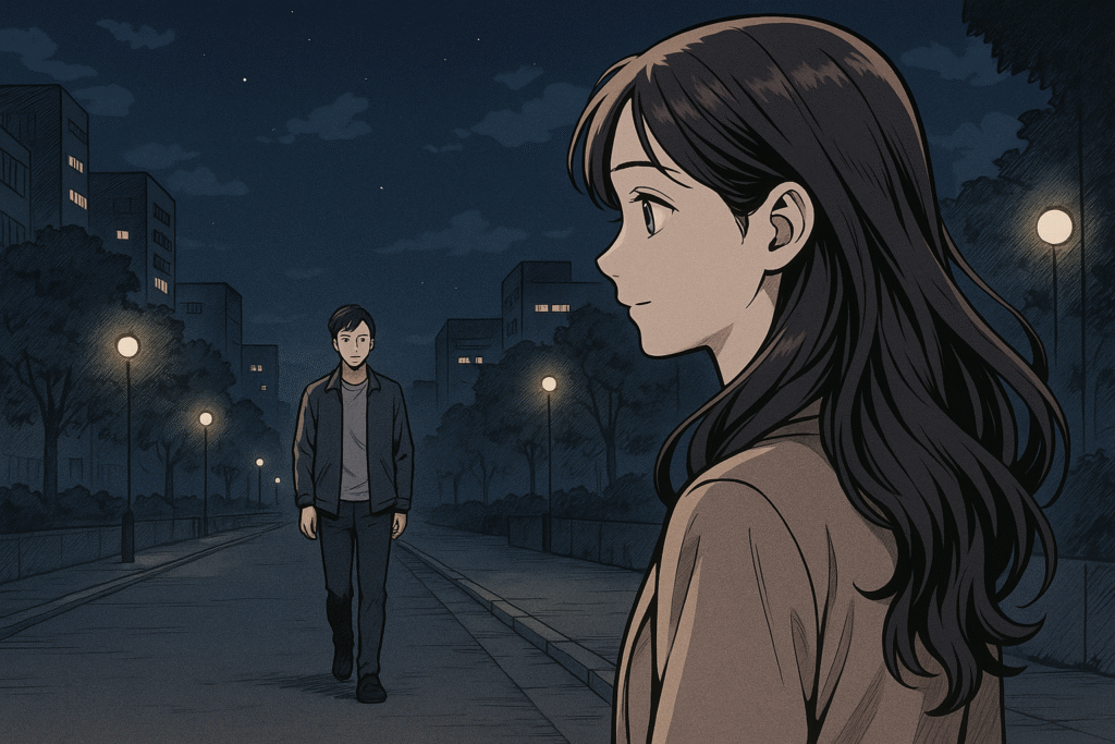 夜の街角で、遠くから歩いてくる男性を見つめる女性。優しい笑みを浮かべ、再び動き出す時間の予感を感じている。