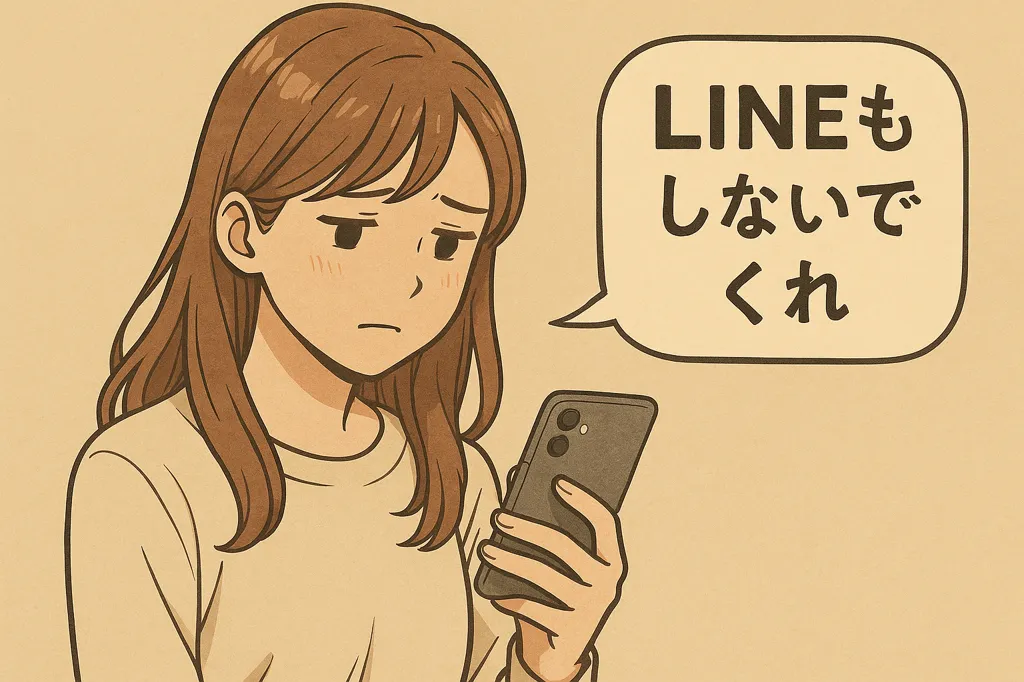女性がふたたびスマートフォンを手にしている。画面には「LINEもしないでくれ」とあり、静かな衝撃が伝わってくる。