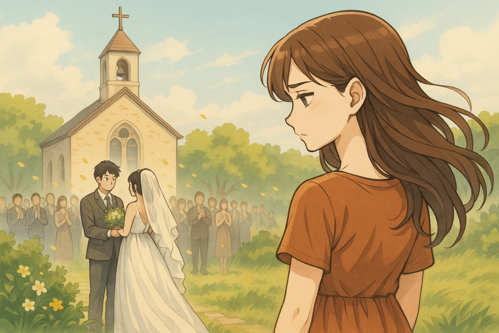 教会で結婚式を挙げるツインレイの彼を、遠くから見つめる女性の後ろ姿。