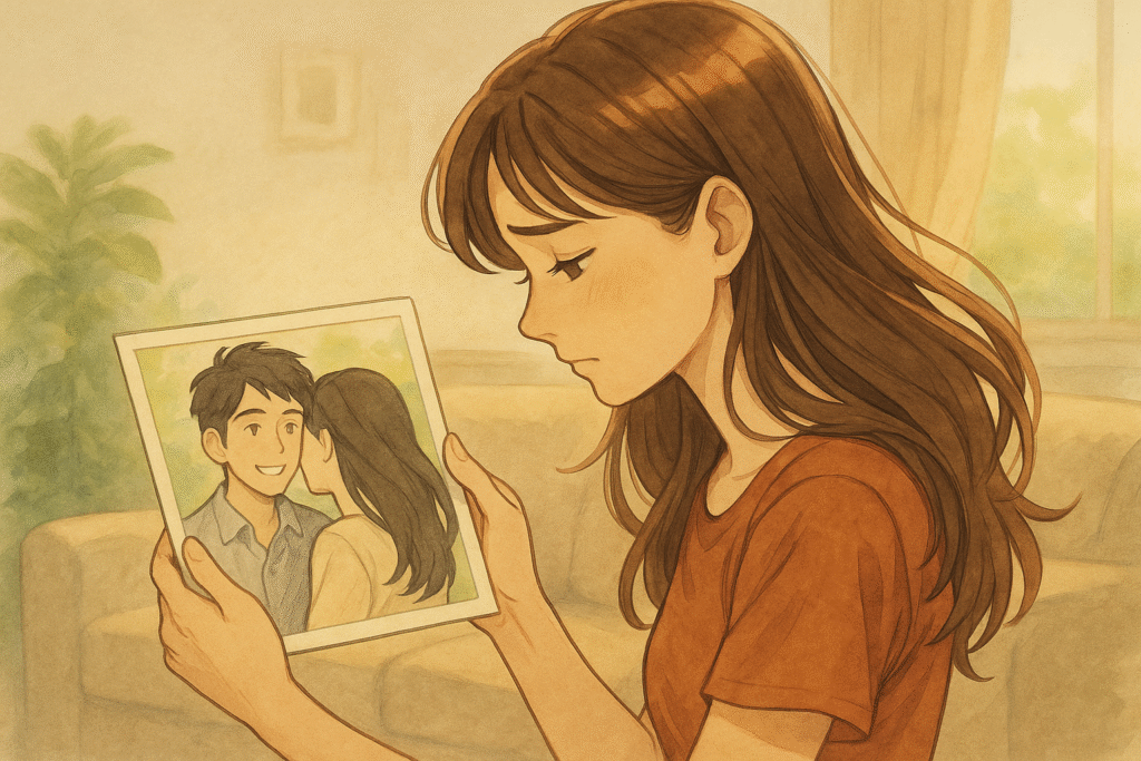 やわらかな光が差し込む部屋で、女性が彼とのツーショット写真を静かに見つめている。かつての優しい思い出にそっと心を寄せる場面。