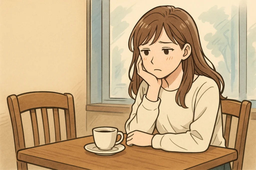 カフェのテーブルで、女性がひとりぼんやりと座っている。