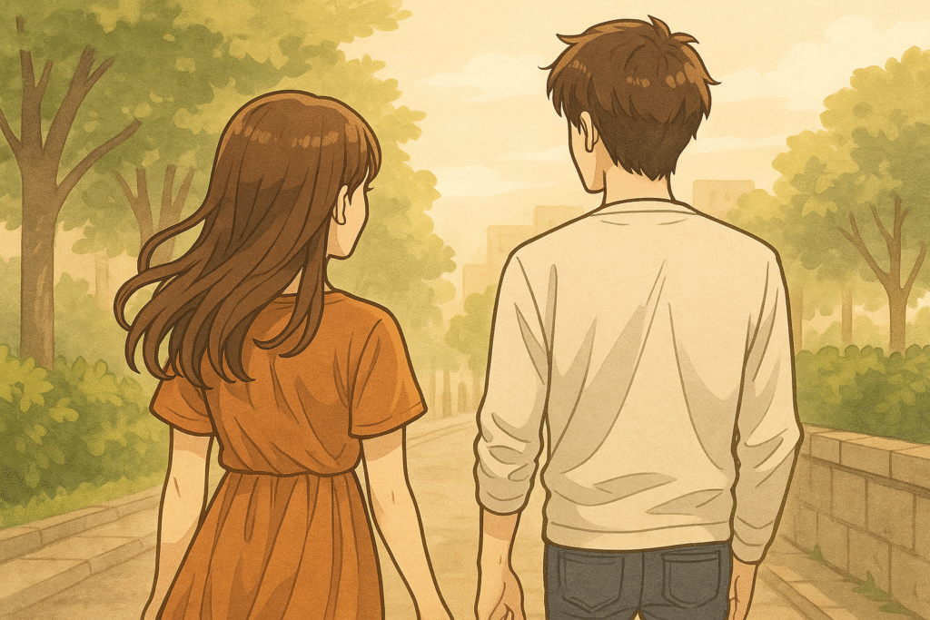 夕暮れの小道を、女性がツインレイではない男性と並んで歩いている。女性は新たな一歩を踏み出そうとしている。