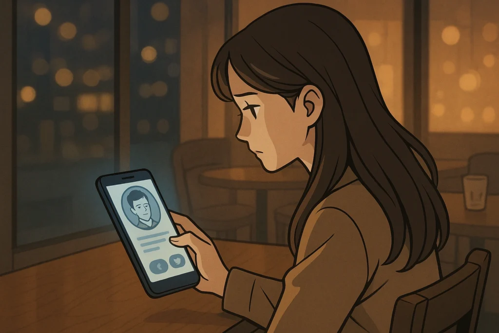 夜のカフェでスマホの恋活マッチングアプリを見つめる女性。