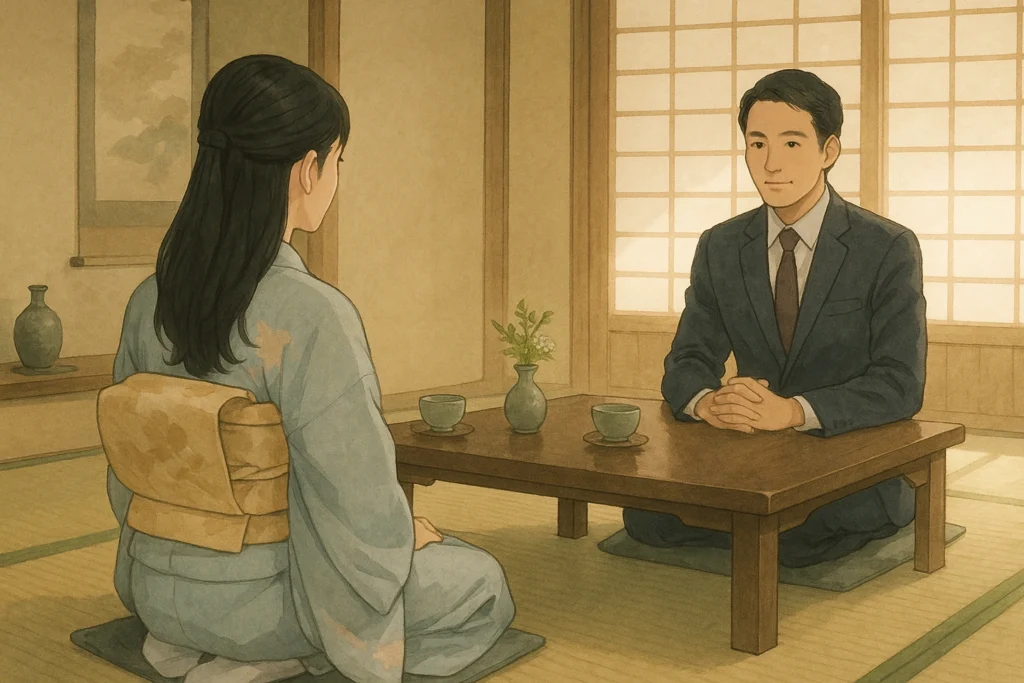 和室で行われたお見合いの場面。和服の女性とスーツ姿の男性が静かに向き合う。