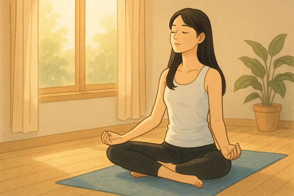 朝の光が差し込む部屋でヨガをする女性。深い呼吸とともに心を整えていく。