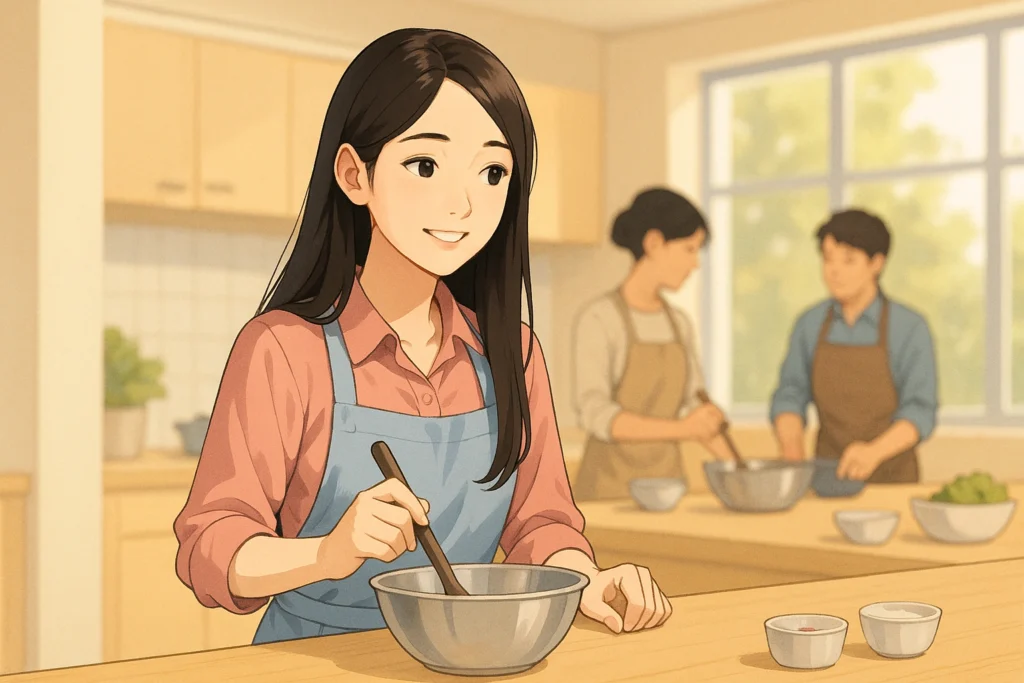 明るい料理教室でエプロン姿の女性が微笑む。