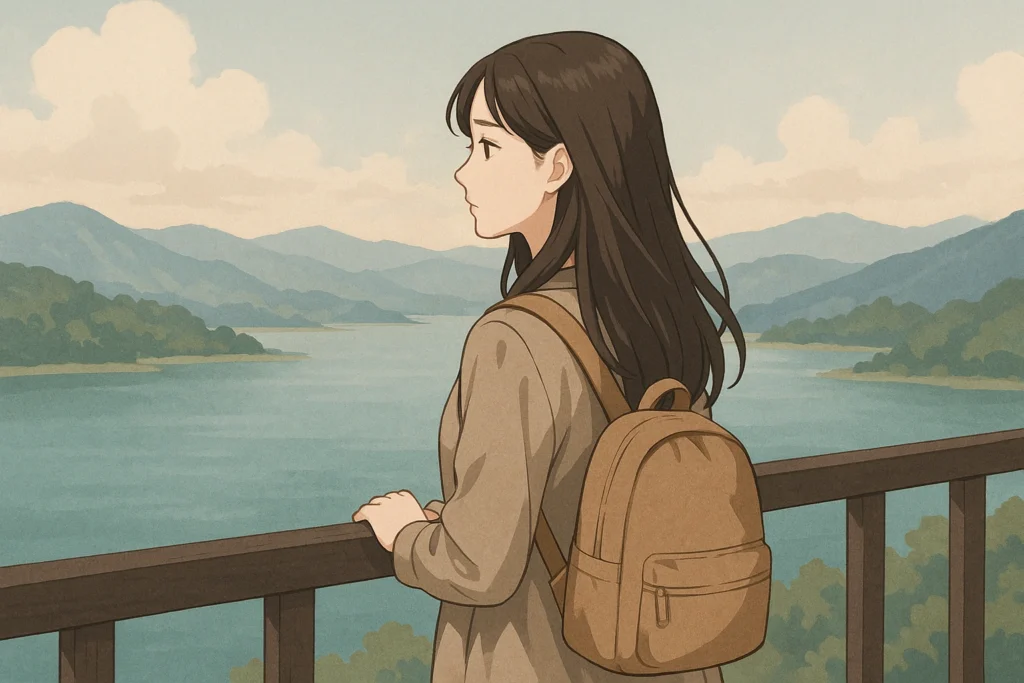 湖を見つめる一人旅の女性。穏やかな風に包まれながら、心の自由を感じている。