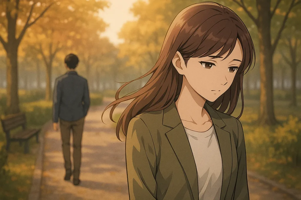 夕方の公園の小道で、長い髪の女性が男性とは反対方向に歩き出す場面。女性の表情は寂しげで、木々が淡い光に照らされている。