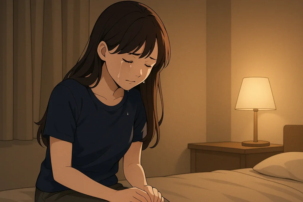暖かい照明の寝室で、女性がベッドの端に座り、伏し目がちに涙をこぼしている様子。感情を静かに解放するように泣く姿が柔らかい光に包まれている。