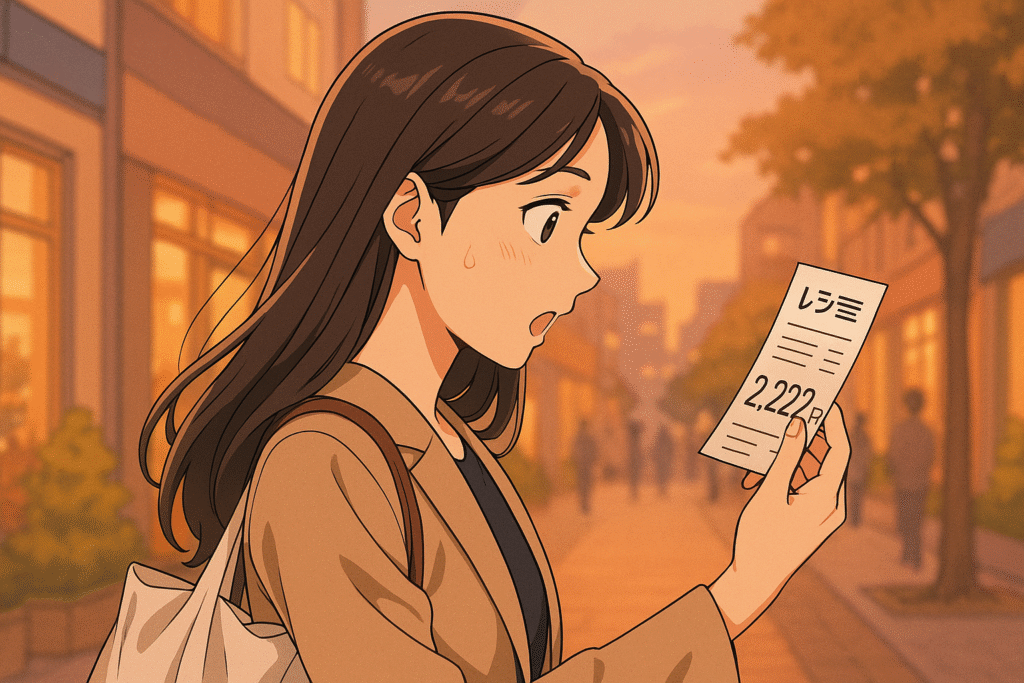 夕方の街角で、買い物帰りの女性がレシートに印字された「2,222円」の数字に驚いているシーン。その横顔からは深刻さが消え、明るさが戻っている。