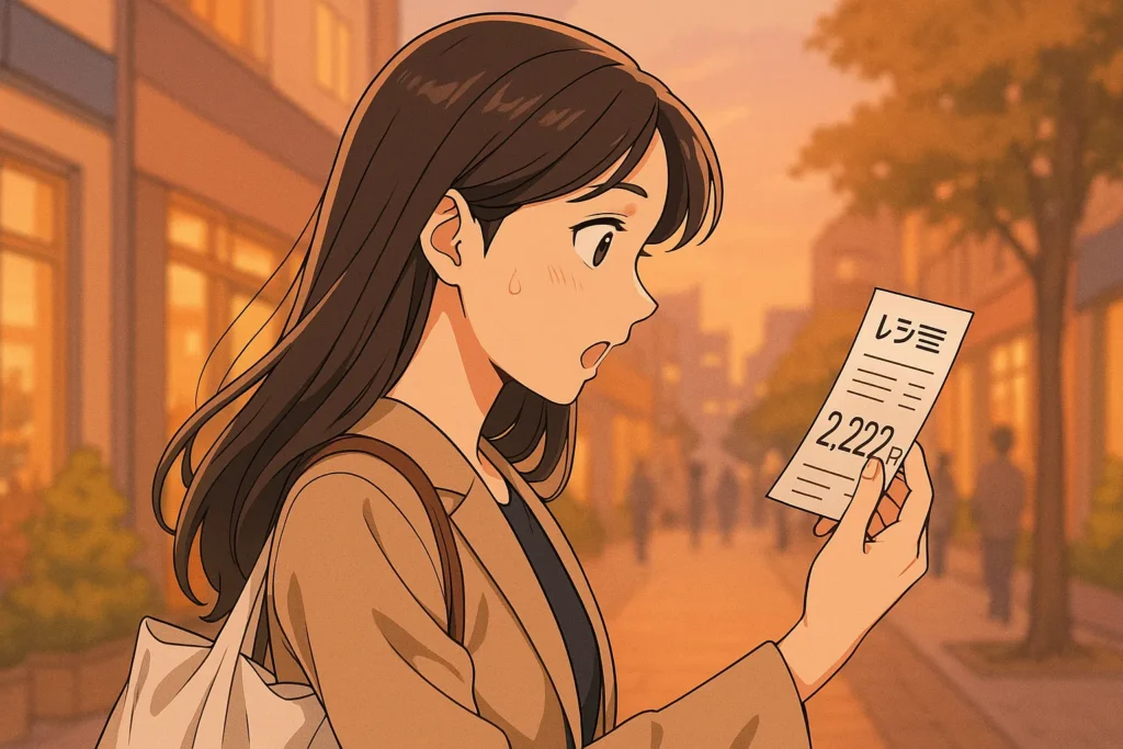 夕方の街角で、買い物帰りの女性がレシートに印字された「2,222円」の数字に驚いているシーン。その横顔からは深刻さが消え、明るさが戻っている。