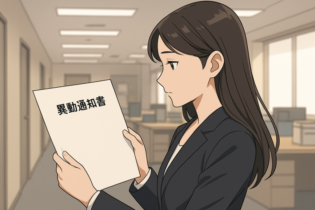 オフィス内で、女性が「異動通知書」を少し驚いたように見つめている場面。