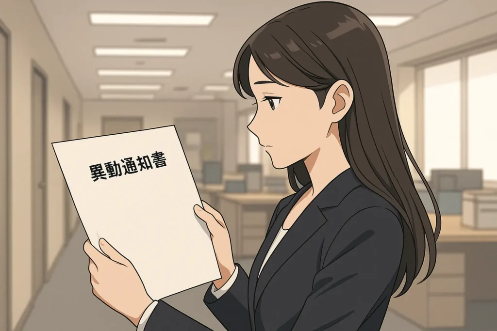 オフィス内で、女性が「異動通知書」を少し驚いたように見つめている場面。