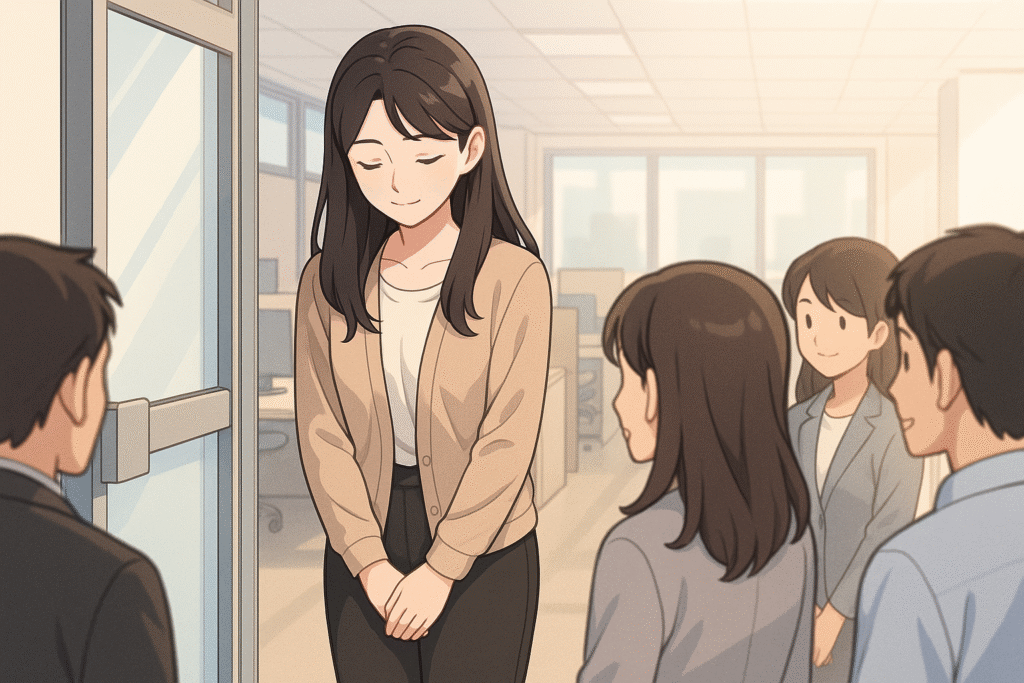 新しい部署で、女性が複数の社員の前に立ち、軽く頭を下げて挨拶している場面。明るいオフィスと周囲の人々が、新しい環境でのスタートを示している。