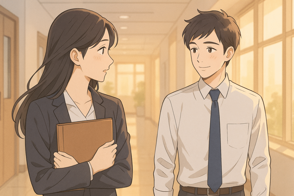 オフィスの廊下で、書類を抱えた女性が、男性社員とフッと目が合う瞬間の場面。柔らかい光の中で、静かな恋の予感が漂っている。