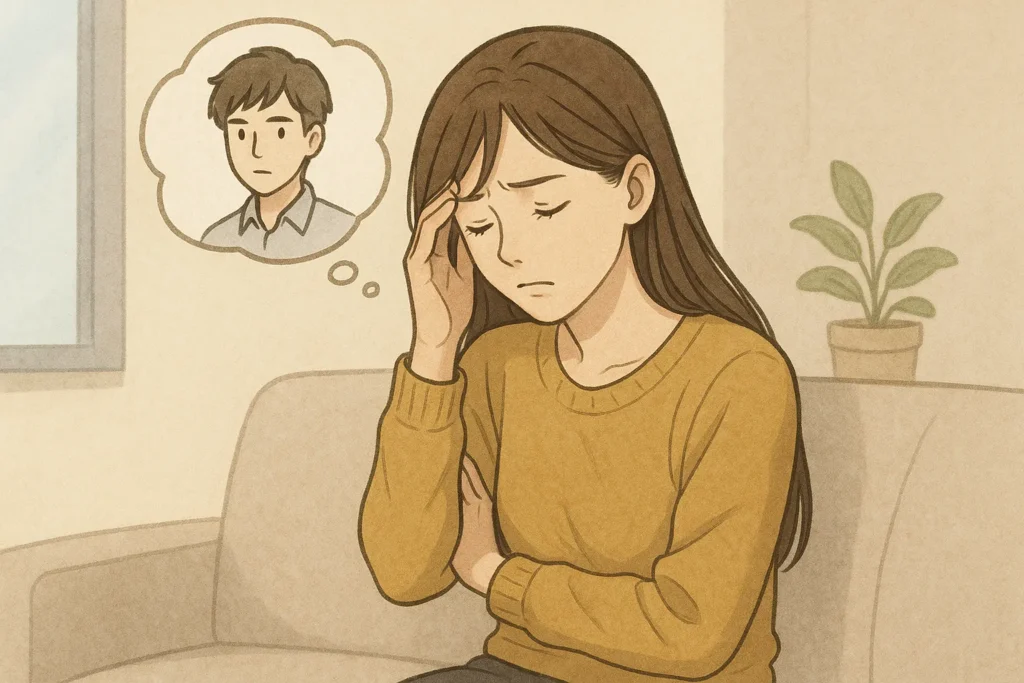 昔好きだっただけでなく、今でも忘れられない人への思いで胸が苦しくなり、ソファで沈んだ表情を浮かべる女性。