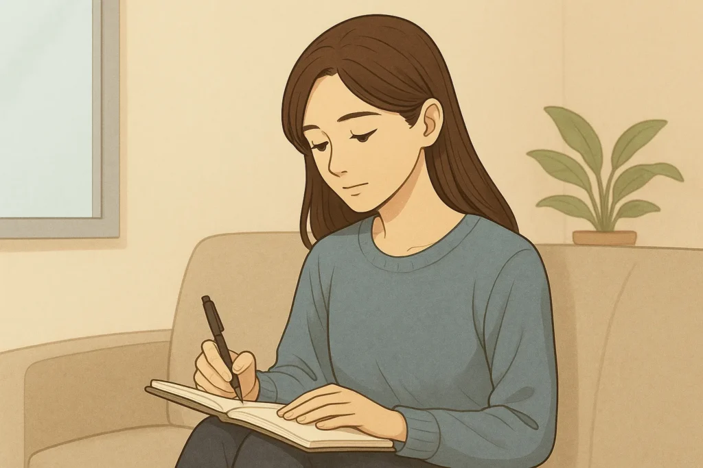 女性が、自分の気持ちをノートに書き出している穏やかなシーン。