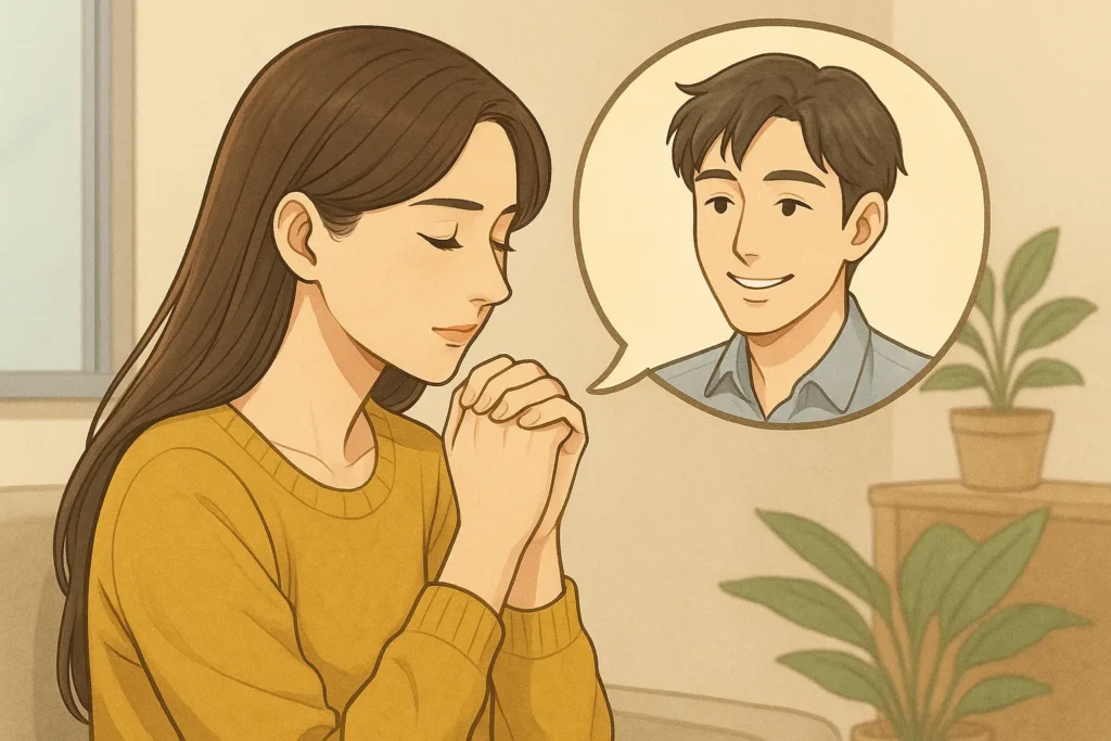 女性が目を閉じて手を組み、今でも忘れられない男性の幸せをそっと祈っている場面。