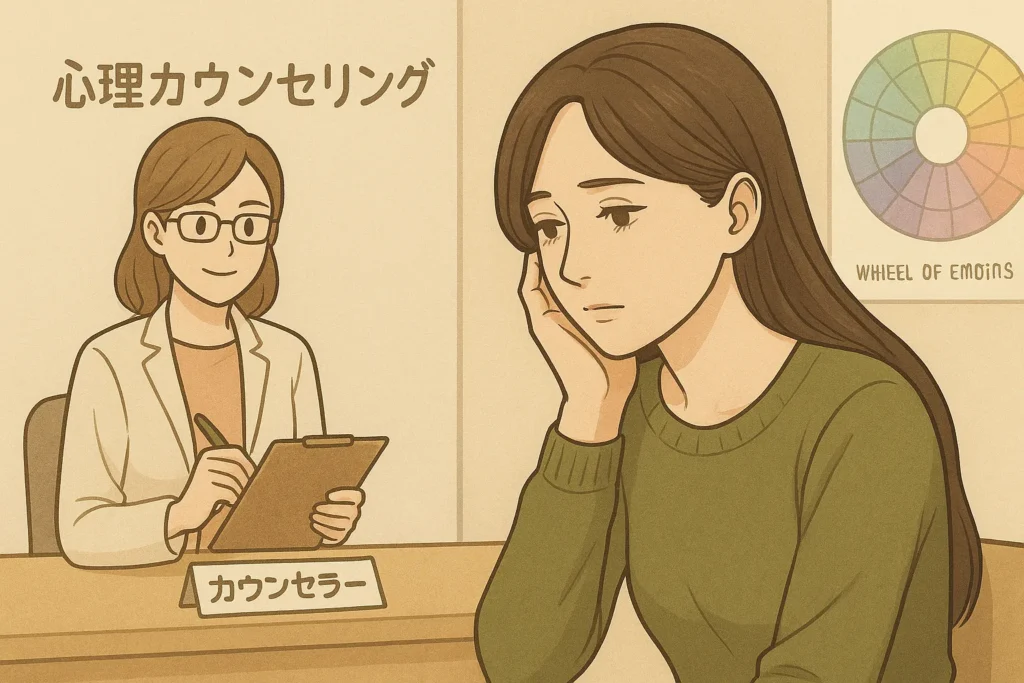 女性が、整理のつかない気持ちを心理カウンセラーに相談する場面。背後の壁には、感情の輪のポスターが貼られている。
