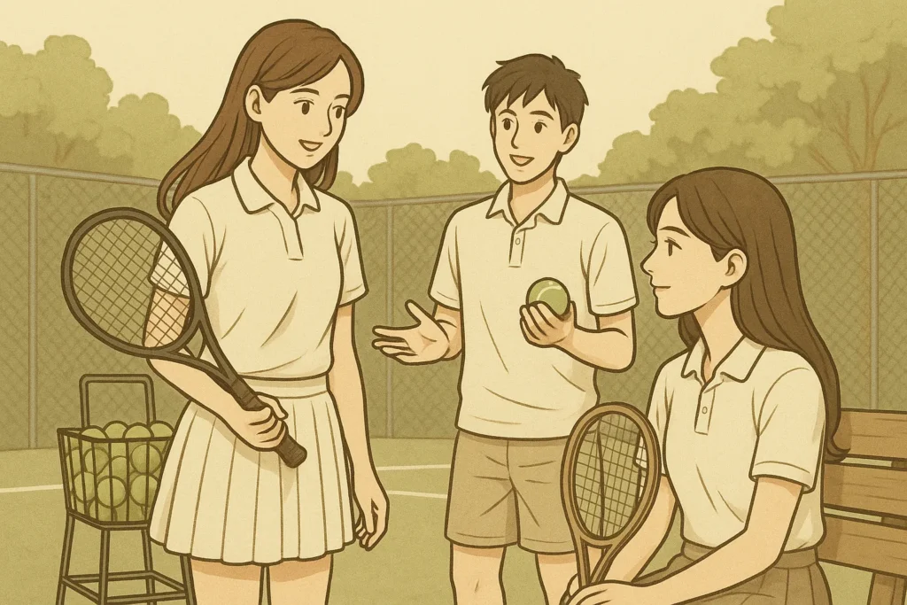 テニスサークルで仲間と会話を交わす女性。ラケットやボールなどの小物が周囲に置かれている。