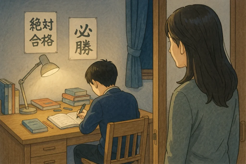 机に向かって受験勉強をする中学生の息子を、女性が静かに見守っている場面。部屋の壁には「絶対合格」「必勝」の貼り紙がある。