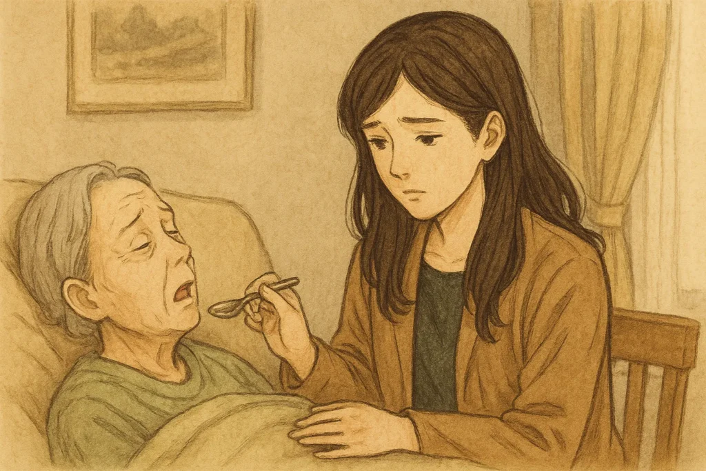 病床の母親に、女性がスプーンで食事を介助している場面。女性の表情には戸惑いと責任感がにじんでいる。