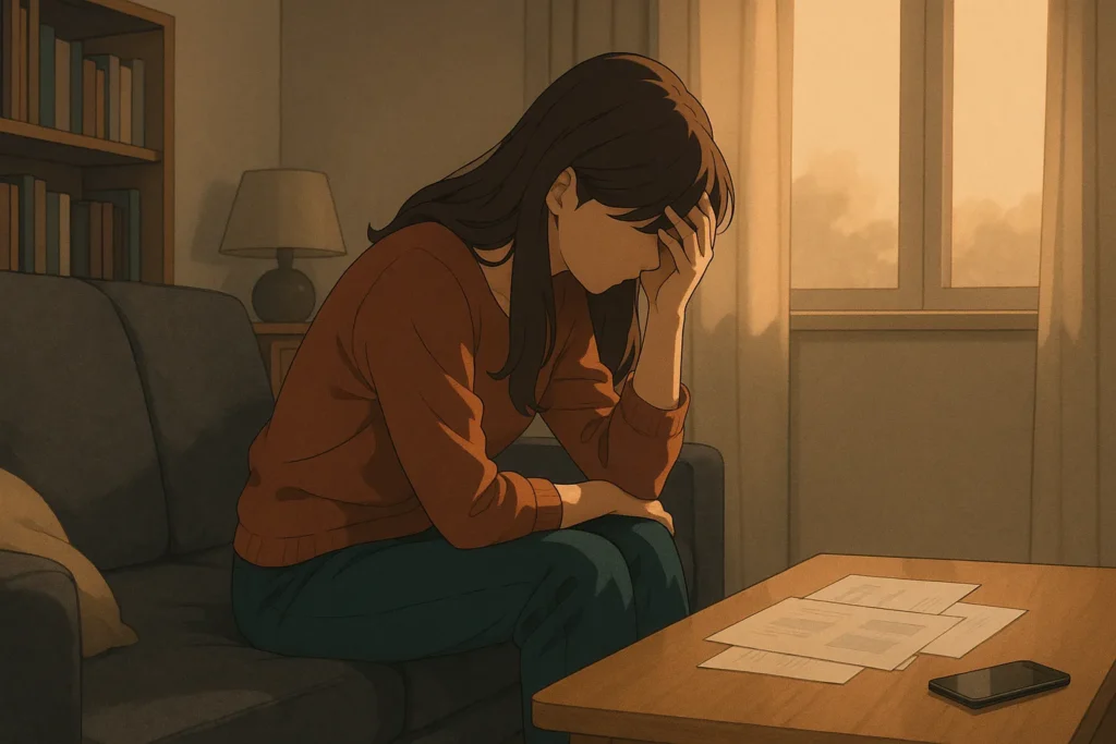 夕暮れの部屋で、女性がソファに座り頭を抱える場面。深刻な苦悩が伝わってくる。