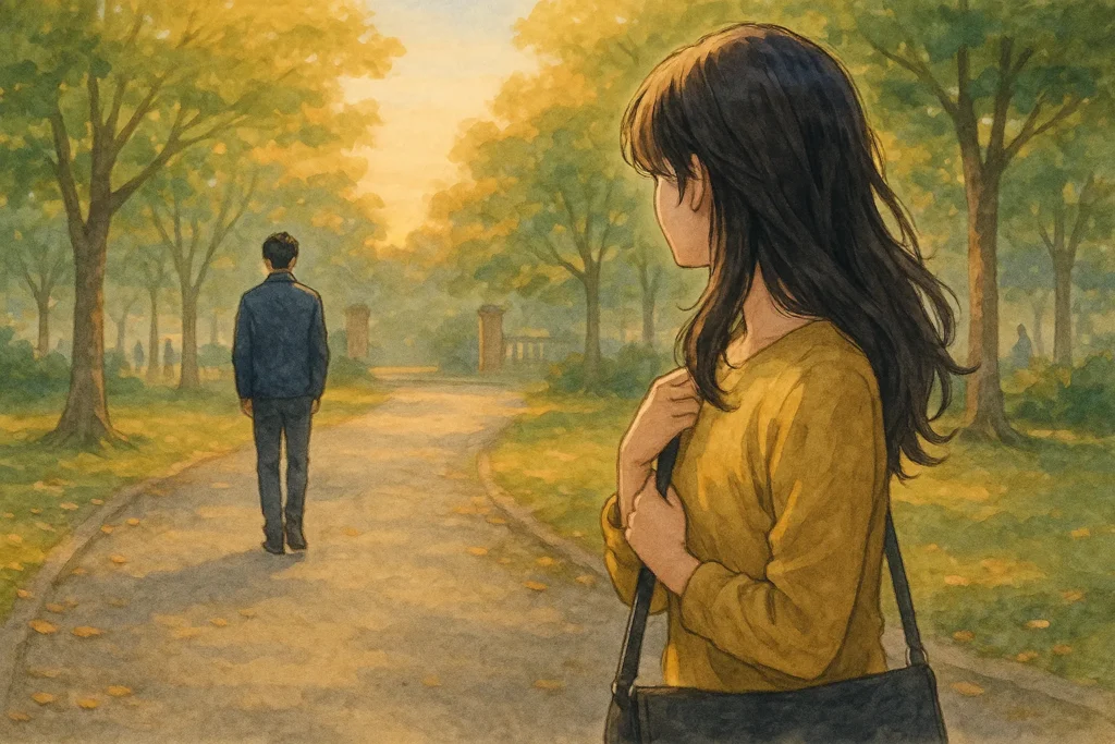 並木道の公園で、男性が背を向けて歩き去る姿を、女性が立ち止まって見つめている場面。夕日の光が別れの切なさを強調している。