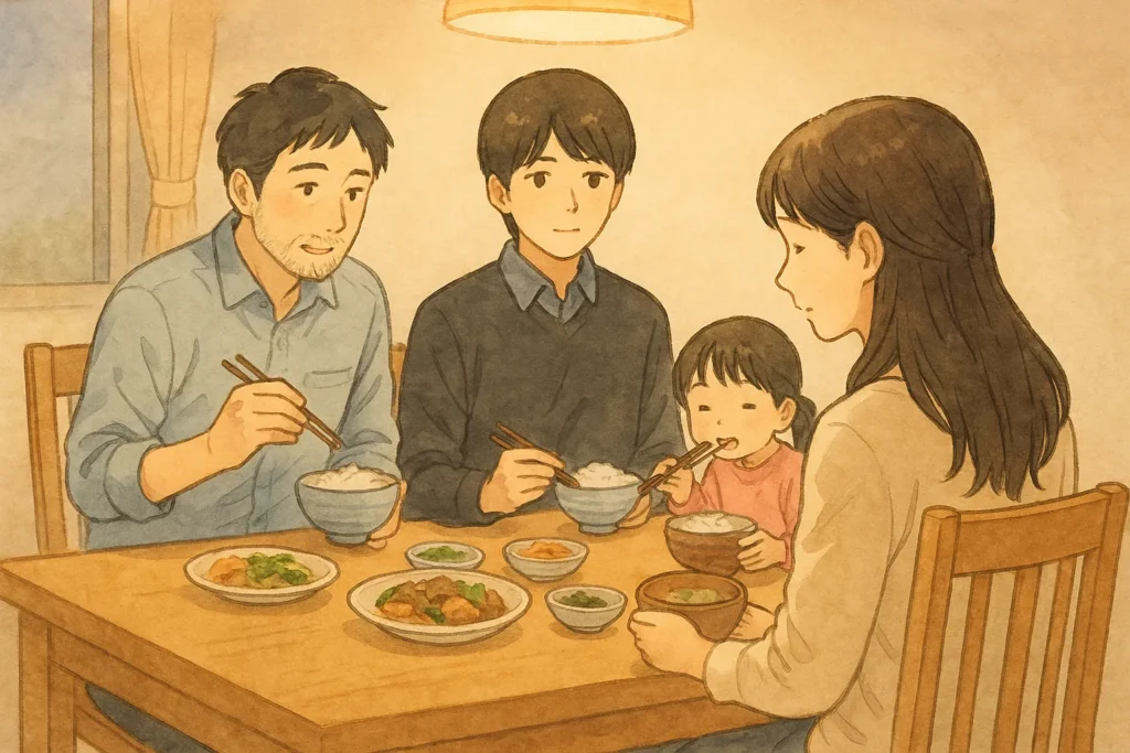女性が夫と2人の子どもと一緒に夕食を囲んでいる場面。温かな明かりのもと、家族の穏やかな時間が流れている。