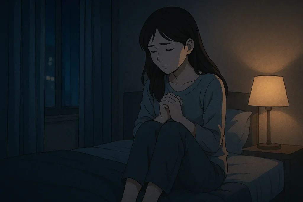 夜の部屋で膝を抱え、祈るように目を閉じる女性。ほのかな灯りの中で、自分の心と静かに向き合っている。
