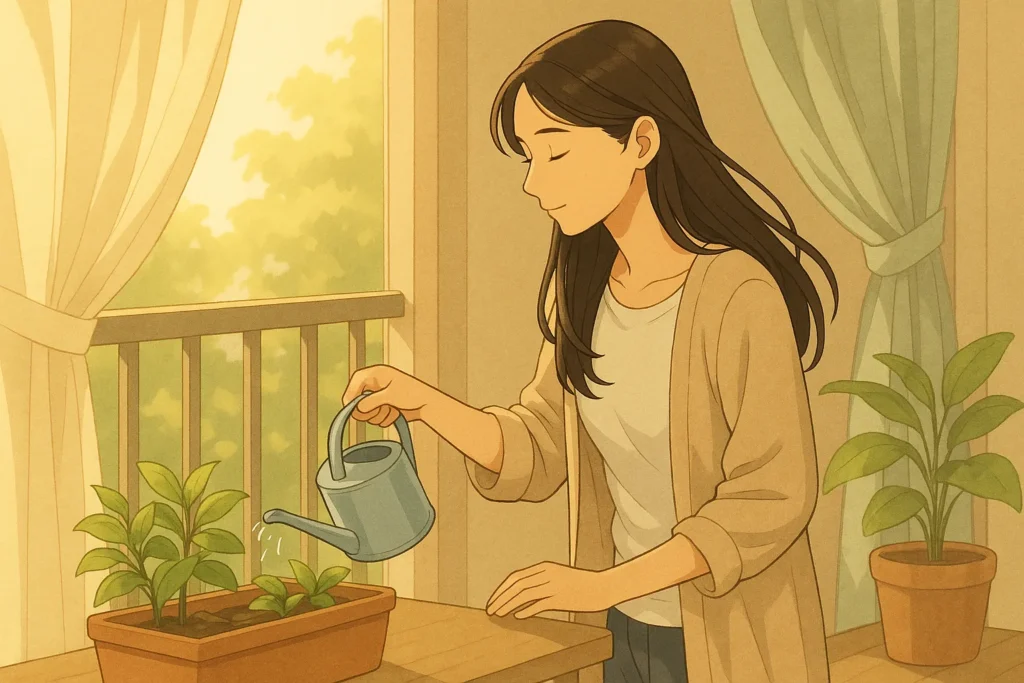 朝日が差し込む部屋でプランターに水をやる女性。小さな癒しの時間が、心の中に光を取り戻していく。