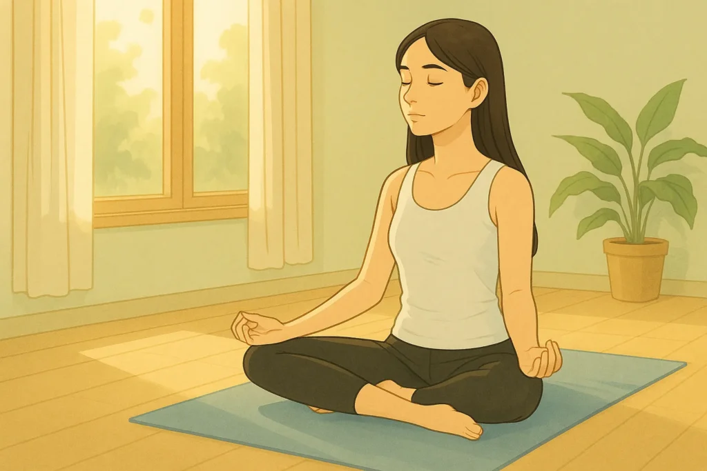 柔らかな光が差し込む部屋でヨガをする女性。深い呼吸の中で、自分を信じ直す静かな力を感じている。