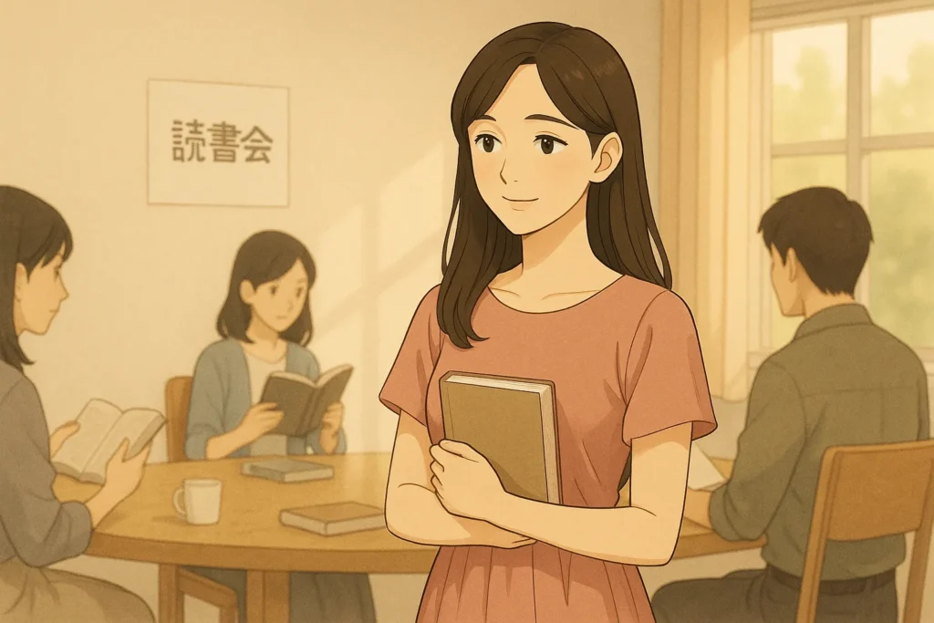 読書会の会場で本を手に微笑む女性。壁の「読書会」の貼り紙の下、まだ知らぬ誰かとの小さな縁が芽生えようとしている。