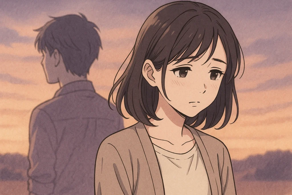 昔好きだった人をふと思い出す女性。夕暮れの景色を背景に、切なさを感じて立ち止まる場面。